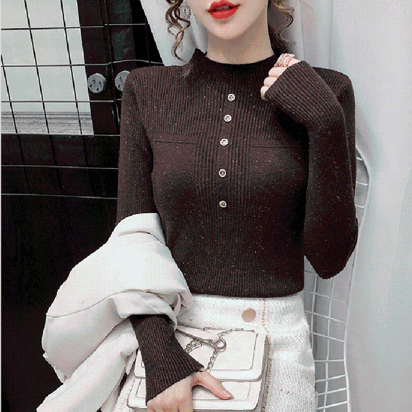 

women's sweaters autumn full sleeve o-neck skinny sweater pullovers buttons ladies knitting fashion straight slim bottoming 2021, White;black
