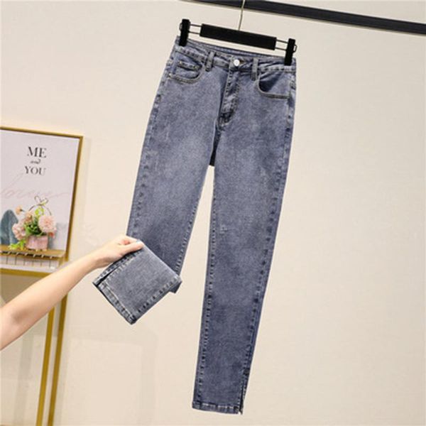

spring split stretch straight pants female plus size jeans high waist woman elastic casual ankle length denim mujer women's, Blue