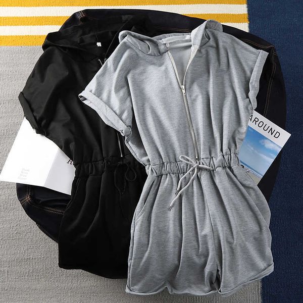 

cotton bodysuit short sleeve deep v hoodies gray casual fashion body jumpsuit summer romper 210601, Black;white