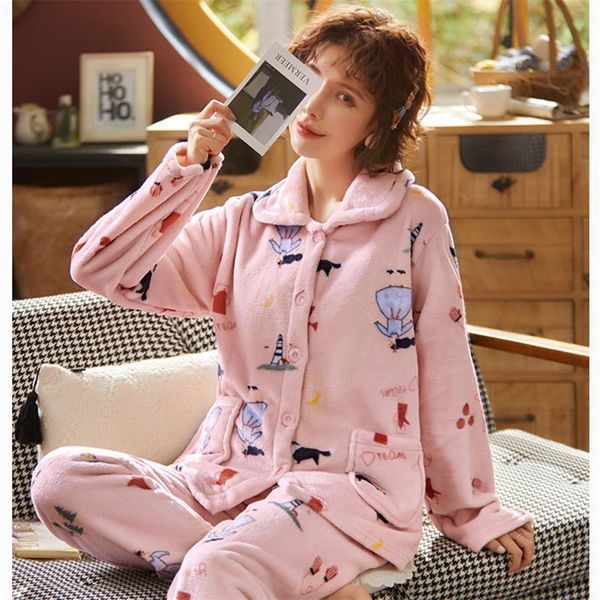 

pajama sets turn down womens sleepwears collar pyjamas thick flannel warm full trousers cute animal female homewear, Black;red