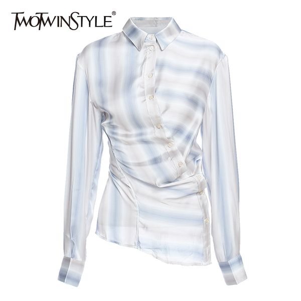 

asymmetrical hit color stripe blouse for women lapel collar long sleeve shirts female autumn fashion 210524, White