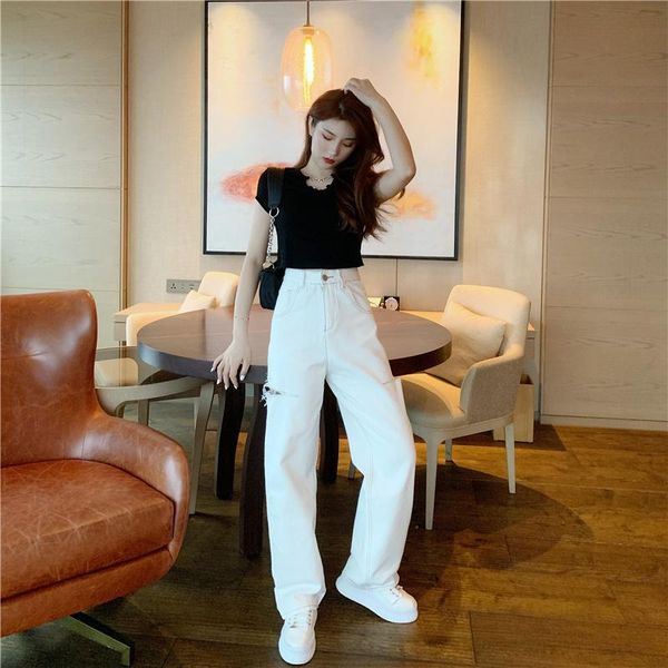 

women's jeans white straight tube baggy high waist thin dad pants summer, Blue