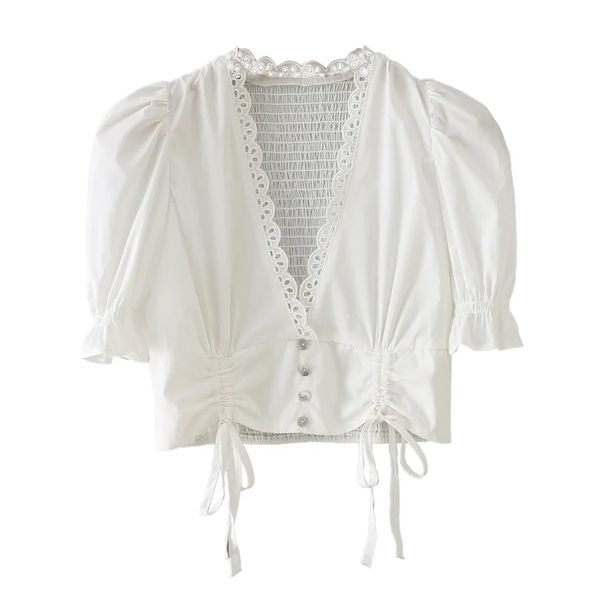 

summer women deep v neck drawstring elastic short blouse female puff sleeve shirt casual lady crop blusas s8768 210430, White