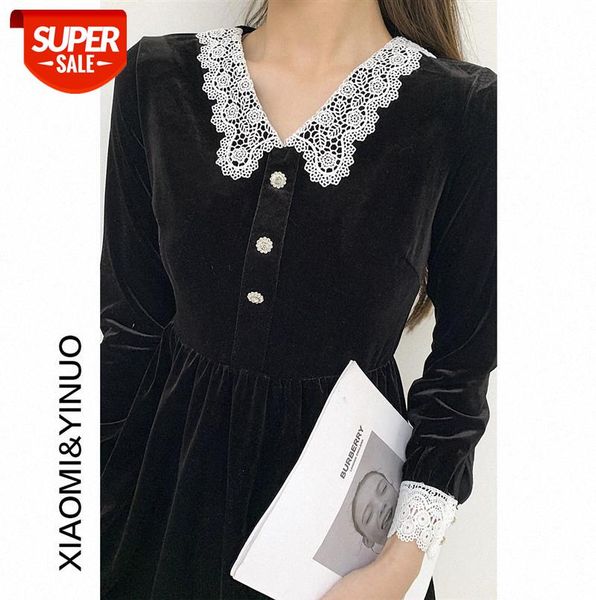 

[ou fan] 7786 velvet dress with lace collar, french little man, hepburn style, black girl #yb6h, Black;gray