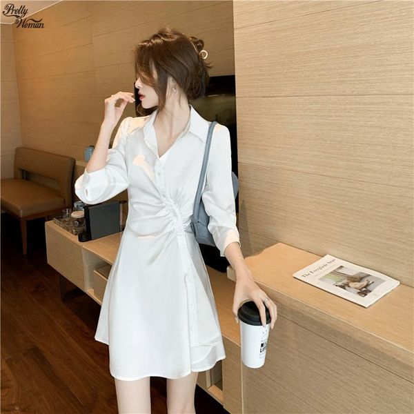 

casual dresses 2021 autumn white v-neck light mature dress female shirt skirt fashion waist slim design sense temperament women, Black;gray