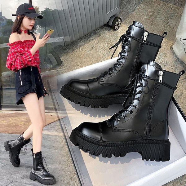 

boots women boot lace up ladies ankle female buckle strap black chunky sole pouch woman platform shoe fashion booties 8i7h