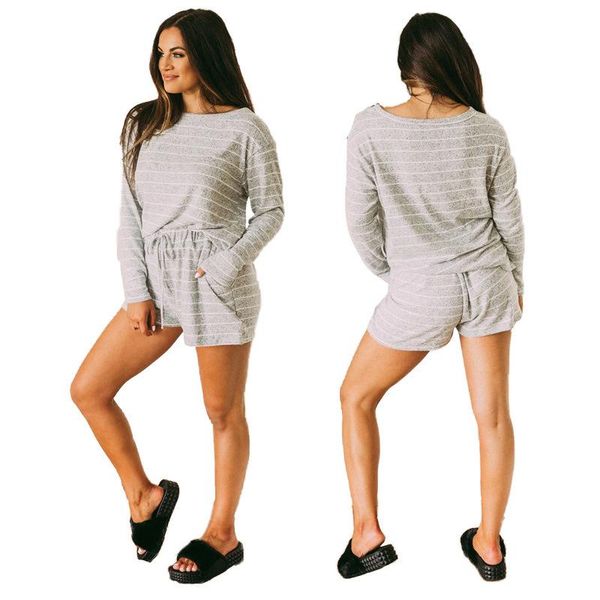 

women's tracksuits donsignet fashion suit summer casual round neck pullover stripe printing pocket home two-piece women, Gray