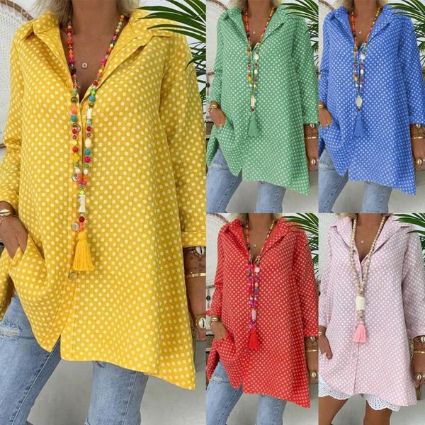 

women's blouses & shirts women casual long sleeve turn down collar polka dot print buttons loose shirt, White