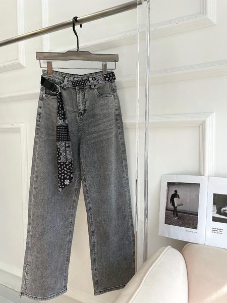 

women fashion 2021 loose silk scarf belt wide leg jeans 0401 women's, Blue