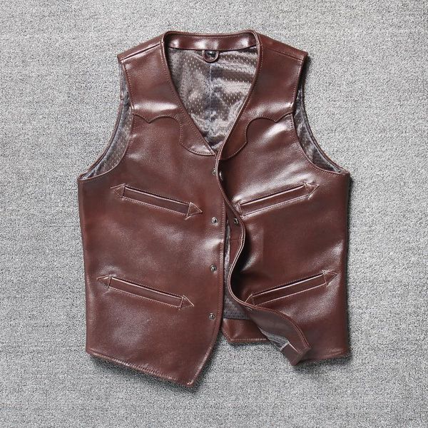 

men's vests genuine leather vest first layer cowhide slim single-breasted waistcoat, Black;white