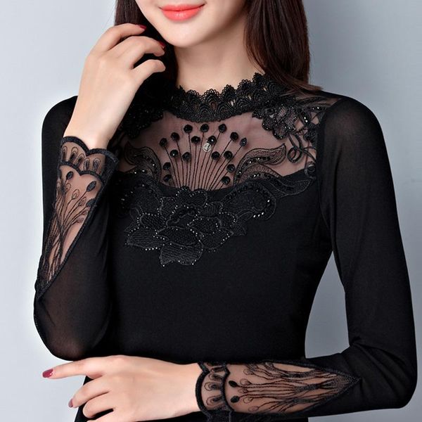

women blouse shirt 2021 long sleeve mesh elegant slim hollow out embroidered black and blusas women's blouses & shirts, White