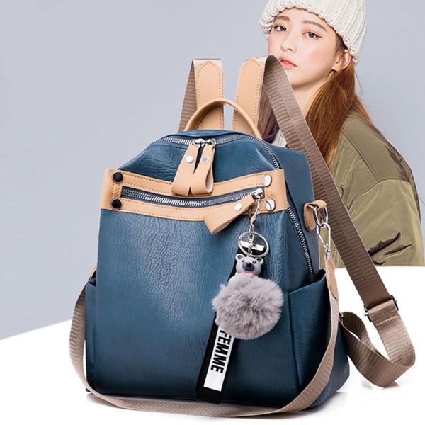 

outdoor bags pu leather women's backpack cute ornaments female large capacity multifunction travel school for girls