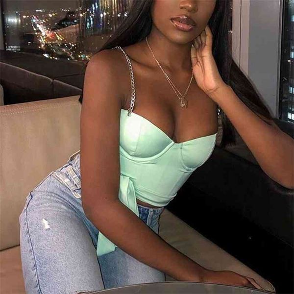 

omsj bandage bow solid party tank metal chain spaghetti strap crop women's short camis streetwear cropeed 210625, White