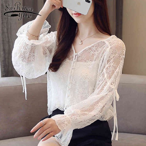 

women's and blouses lace fashion feminine blouse causal v neck long sleeve button shirt blusas 0794 30 210521, White