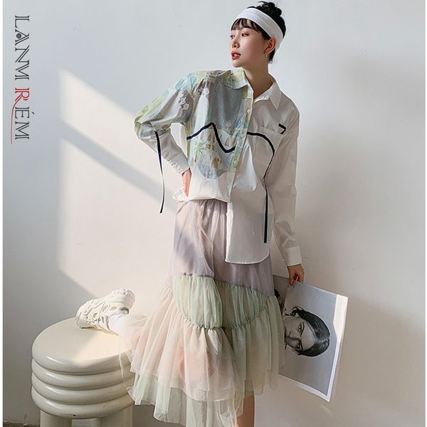 

patchwork shirt loose printed blouse large size spring autumn + multi layer irregular fairy yarn skirt 2d1116 210507, White
