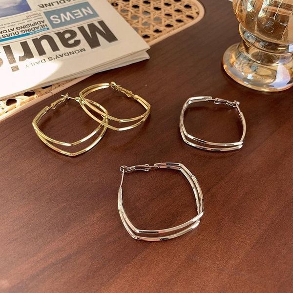 

hoop & huggie u-magical hiphop double-layer metal square geometric earring for women gold silver color hollow jewelry pendientes, Golden;silver