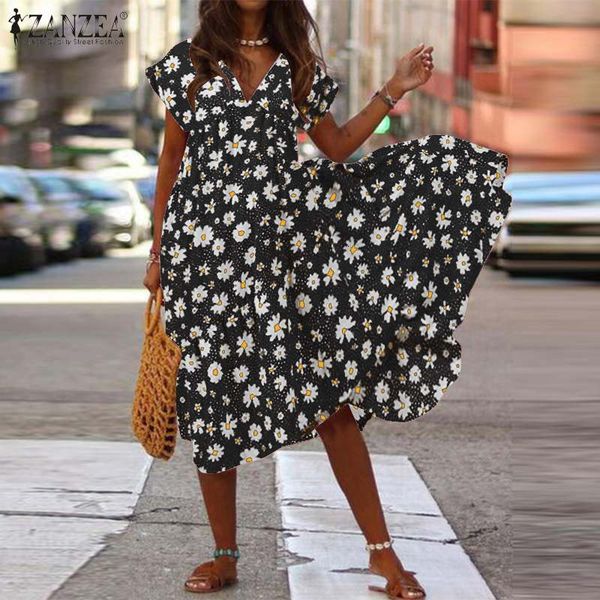 

women's blouses & shirts women bohemian floral printed dress 2021 zanzea summer sundress v neck short sleeve beach vestido loose, White