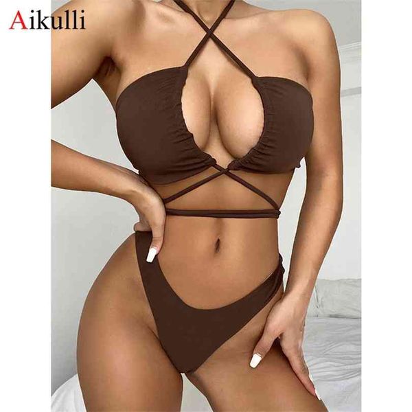 

solid color bikini swimsuit women halter lace up wrap around set thong swimwear summer bather bathing suit swim 210716, White;black
