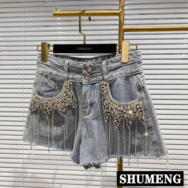 

women's jeans fashion shorts 2021 summer heavy industry beaded diamond tassel denim high waist, Blue
