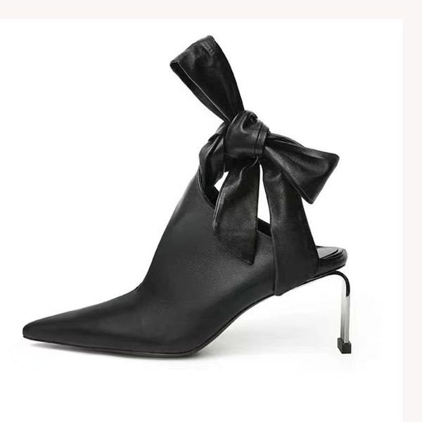 

pointed toe slingback women's shoes comfortable soft real leather strange heels ankle cross lace up sandals dress, Black