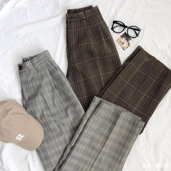 

capri three-waist tall casual elastic plaid straight hare vintage women's pant leg drop pants, Black;white