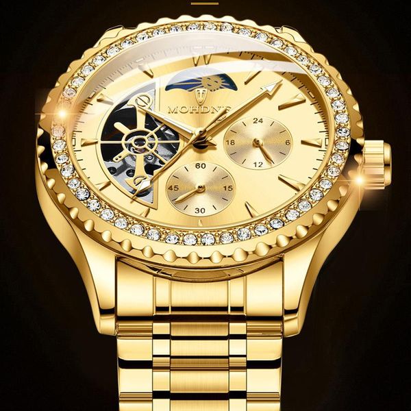 

wristwatches mohden fashion casual men's watches stainless steel band mechanical hollow&diamond for man round watch stop, Slivery;brown