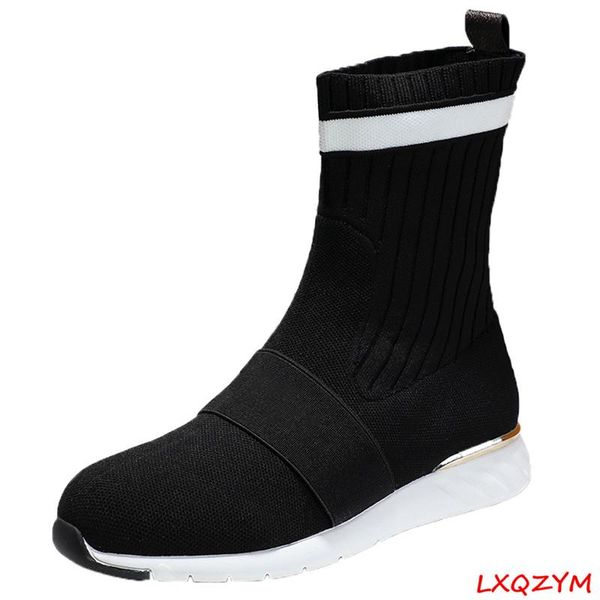 

boots women knitting socks flat bottom breathable running shoes round slip on short ankle booties, Black
