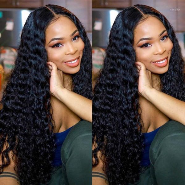 

human hair lace frontal wigs curly deep wave wig transparent t part remy brazilian1, Black;brown