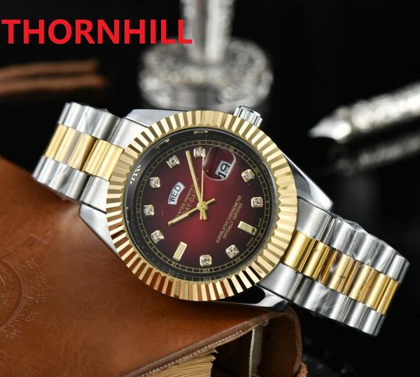 

men's japan quartz battery powers watch classic day-date 40 mm all solid fine stainless steel waterproof super crime premium president, Slivery;brown