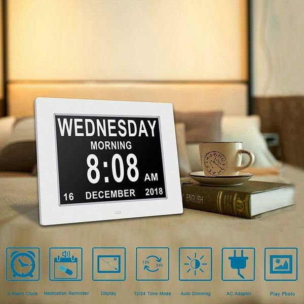 

" digital day clock led calendar day/week/month/year electronic alarm for impaired vision people home decor po frames po
