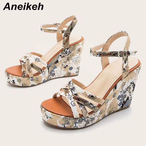 

sandals aneikeh summer wedding gladiator embroider high women wedges heels platform bling floral shoes 2021 fashion buckle strap, Black