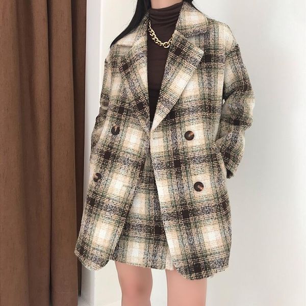 

women's wool & blends female small han edition of fund 2021 autumn winters is recreational easing grid woolen cloth coat in winter, Black