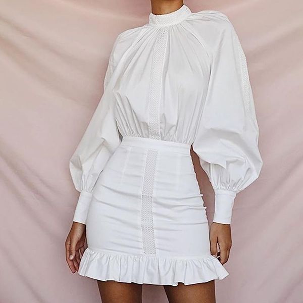 

casual dresses 2021 spring and autumn style women's white dress solid color crew neck backless flounced high-waisted party, Black;gray