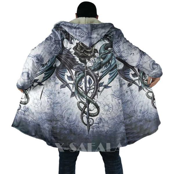 

men's wool & blends native dragon animal purple dark all over 3d printed thick warm hooded cloak for men windproof fleece casual-12, Black