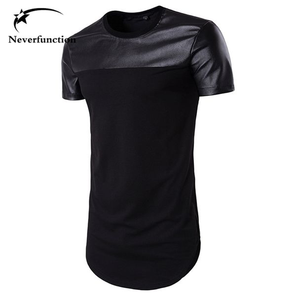 Estate Uomo Orlo curvo T-shirt casual Cuciture in pelle PU Street Swag Hip Hop Cotton T-shirt estesa T-shirt a maniche corte 210716