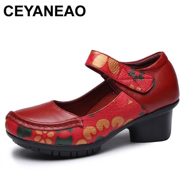 

dress shoes ceyaneao2021vintage ethnic style women pump genuine leather thick heel spring autumn shallow mother 35-41e1511, Black