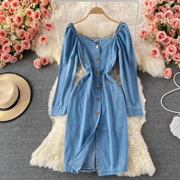 

casual dresses korean women denim dress 2021 autumn blue v-neck long sleeve single breasted sash bow-tied pockets knee length jeans, Black;gray