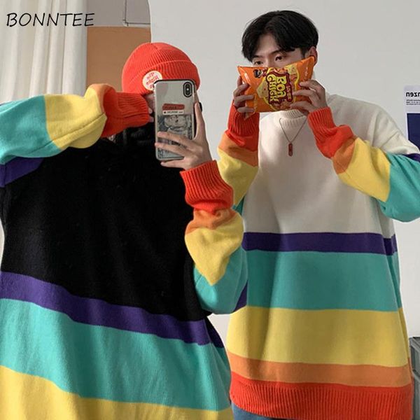 

men's sweaters turtleneck men loose oversize fashionable striped warm pullovers winter simple all-match korean streetwear couples chic, White;black