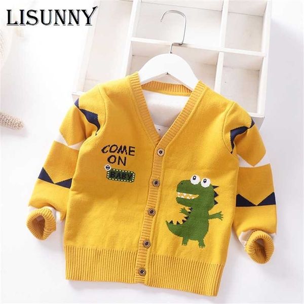 Baby Jungen Pullover Strickjacke Mantel Herbst Winter Kinder Pullover Kinder Stricken Kleidung Cartoon Dinosaurier V-ausschnitt Kleinkind Jacke 211106