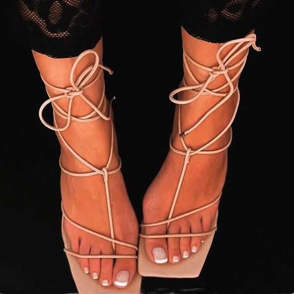 

slippers summer gladiator sandals women ankle cross strap high heels shoes square toe party ladies 40 41 md7w, Black