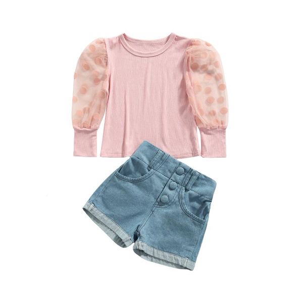 

clothing sets 2pcs baby girls clothes sweet style outfits summer dot mesh splicing puff long sleeve round collar + denim shorts set, White