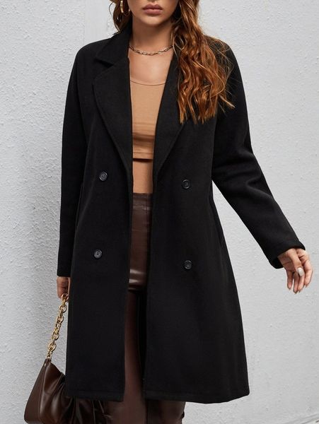 

double breasted lapel collar belted overcoat f0e9#, Black