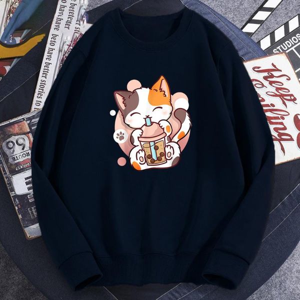 

men's hoodies & sweatshirts cartoon milk tea cats men casual anime cat sweatshirt autumn cotton crewneck long sleeve streetwear harajuk, Black