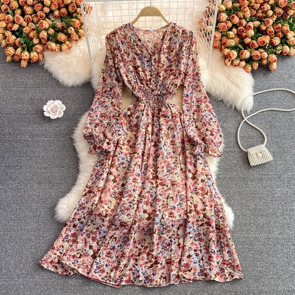

casual dresses gentle wind v-neck floral chiffon dress 2021 autumn wrinkled long sleeve waist closing thin large, Black;gray