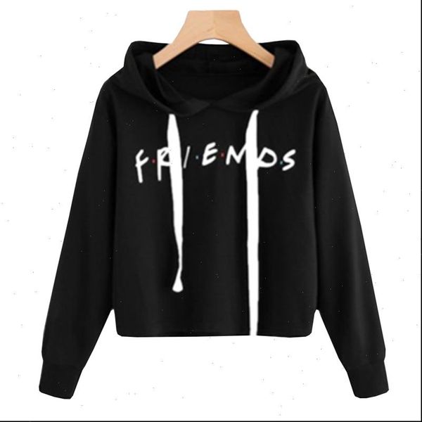 

friends show casual loose womens hoodies crop hooded solid letters print pullover long sleeve, Black