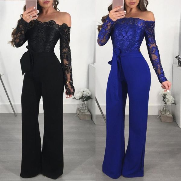 

women's jumpsuits & rompers off shoulder women ladies lace up jumpsuit playsuit wide leg romper 2021 spring autumn elegant clothing, Black;white
