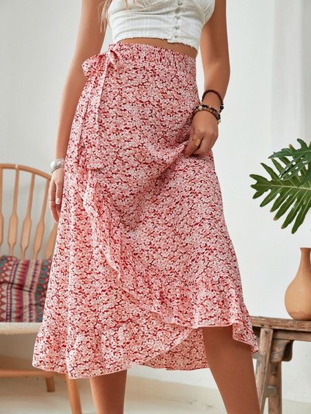 

ditsy floral print ruffle hem knot side skirt e2zk#, Black