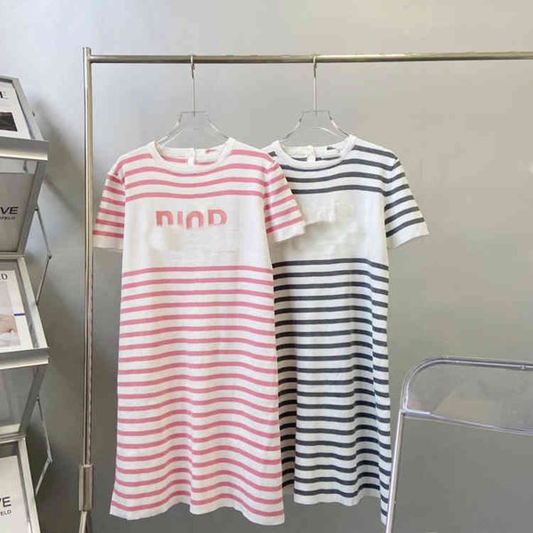 

summer round neck striped letter jacquard short sleeve dress women's casual comfortable knitting medium and long skirt fashion, Black;gray
