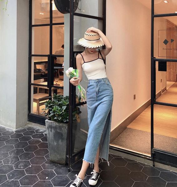 

skirts summer french slit jean skirt in women's long high-waisted to show the skinny wrap buttock, Black