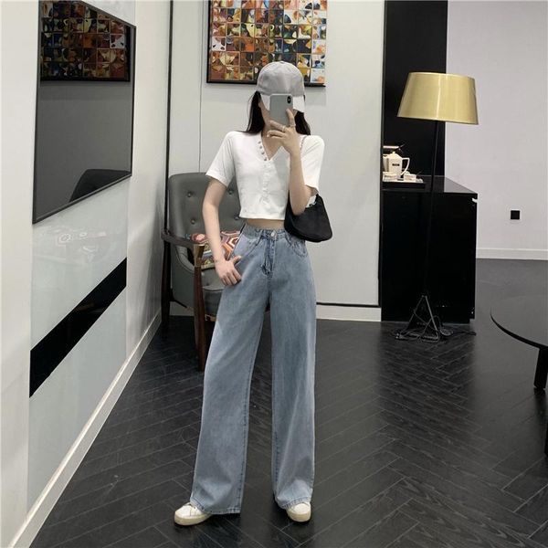 

women's jeans woman pants light color high waist trousers summer loose straight 2021 pantalones vaqueros mujer, Blue